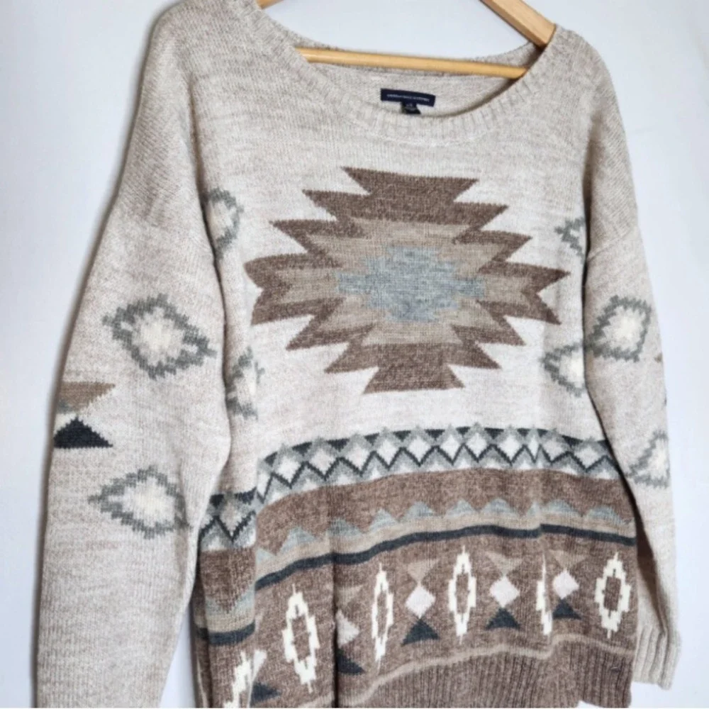 American Eagle Outfitters Aztec Wool Blend Sweater Size Large Brown Beige Gray